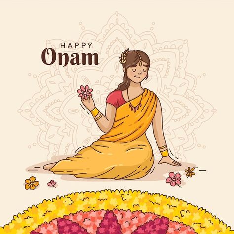 Onam Illustration, Onam Drawing, Kerala Illustration, Onam Greetings, Indian Illustration, Happy Onam, Vector Hand, Art Therapy, Poster Template