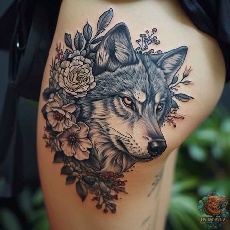 Watercolor Wolf Tattoo, Watercolor Wolf, Geometric Wolf, Wolf Tattoo Design, Thigh Tattoos Women, Wolf Tattoos, Wolf Tattoo, Majestic Animals, Dope Tattoos