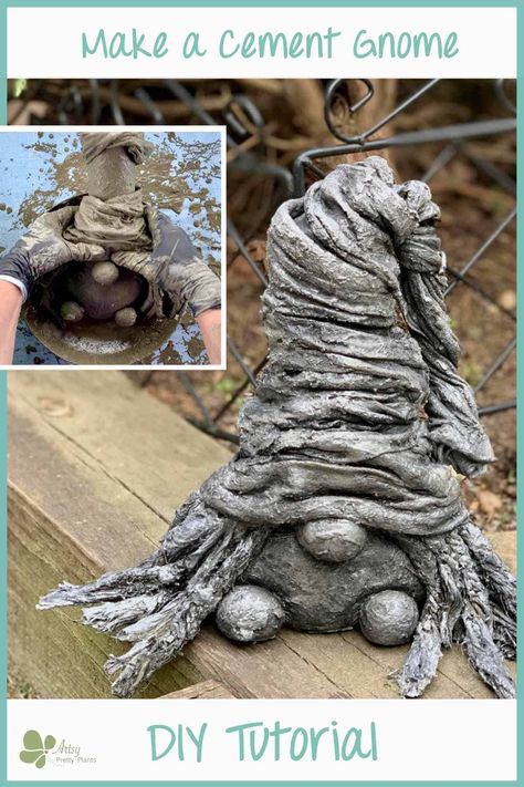 Make a DIY outdoor concrete garden gnome that's a girl! This fun tutorial will show you how to make these lawn ornaments that you can place in your garden for good luck! #artsyprettyplants #outdoordecor #DIYconcrete #cementcrafts #Fairygardenideas #diy garden decor #yardart #gardenprojects #gardendesign #backyardideas #raisedgardenbeds #backyardlandscaping #backyardpatiodesigns Concrete Gnomes Diy How To Make, Cement Yard Art, Gnome Step By Step, Outdoor Gnomes, Garden Gnomes Diy, Cement Leaves, Cement Projects, Diy Gnome, Cement Garden