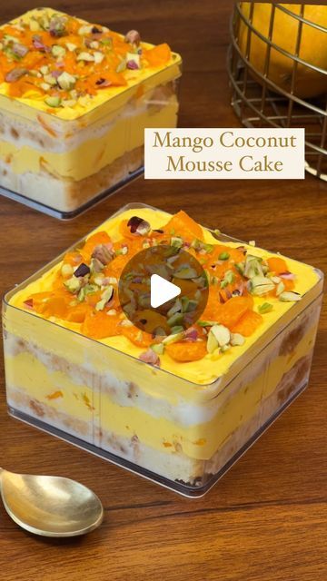 Mango Coconut Mousse Cake, Mango Sweet Recipes, Coconut Pudding Recipes, Mango Recipes Dessert, Desert Cups Ideas, Mango Desert, Mango Mousse Recipe, Mango Coconut Cake, Mango Cheesecake Recipe