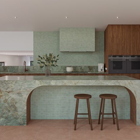 Curved green marble island and rich wood details—our future Rosanna build has us completely obsessed! Green Stone Benchtop, Green Marble Island, Marble Kitchen Island, Stone Benchtop, Marble Island, Wood Details, Counter Design, Cafe Interior Design, Kitchen Marble