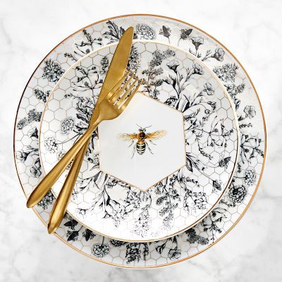 Honey Bee Dinner Plates | Williams Sonoma Honeycomb Background, Bee Plates, Kitchen Theme, Table Setting Inspiration, Brand Ideas, Honeycomb Design, Porcelain Dinnerware, Spring Table, Glassware Collection