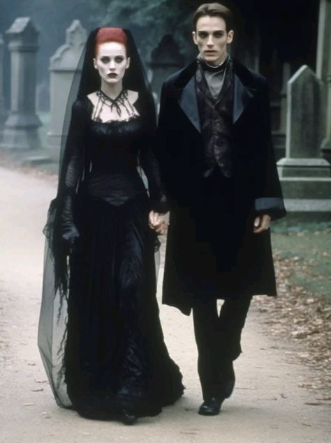 Goth Bride And Groom, Victorian Vampire Couple Costume, Goth Couple Outfits, Dracula Outfit Aesthetic, Edgar Allan Poe Costume, Vampire Bride And Groom Costume, Witch And Vampire Couple Costume, Dracula Aesthetic Outfit, Victorian Vampire Costume Women