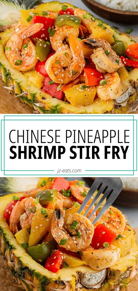 chinese pineapple shrimp with a fork Shrimp Pineapple Recipes, Asian Cuisine Recipes, Chinese Shrimp, Easy Main Course Recipes, Asian Steak Bites, Pineapple Shrimp, Creamy Pasta Bake, Meals Ideas, Pineapple Recipes