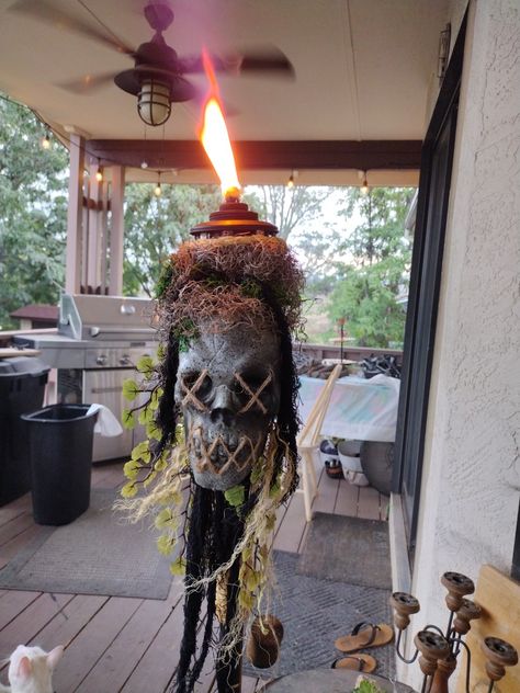 Skeleton Pirate Halloween Decorations, Pirate Tiki Bar, Halloween Tiki Torches, Nautical Halloween Decor, Swamp Halloween Decorations, Spooky Luau, Voodoo Halloween Decorations, Haunted Luau, Swamp Halloween