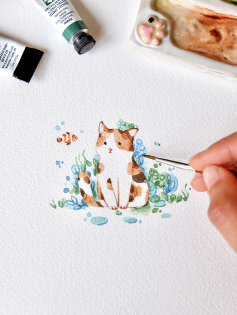 Watercolor Art Cute Cartoon, Watercolor Drawing Simple, Easy Beautiful Watercolor Paintings, Cat Watercolor Illustration, Watercolor Kawaii Art, Mini Watercolor Ideas, Watercolor Puppy Easy, Cute Mini Watercolor Paintings, Watercolor Pastel Art