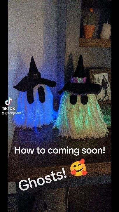 Dollar Tree Light Up Mop Ghosts, Mop Head Witch, Diy Witch Hat Decor, Dollar Tree Mop Ghost, Dollar Tree Mop Head Ghost, Mop Ghost Craft, Mop Head Ghost Diy, Mop Head Ghost, Dollar Tree Ghost Diy