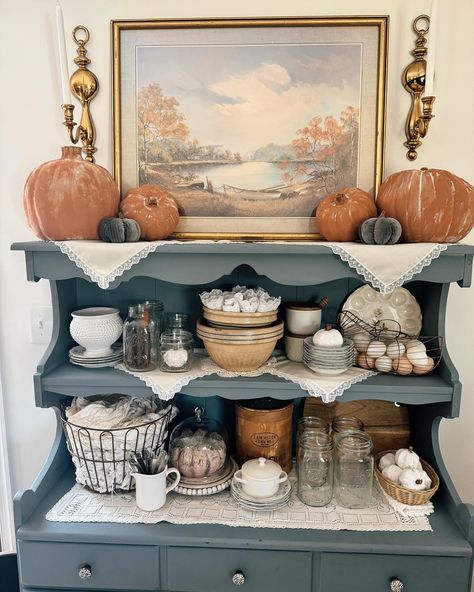 Autumn Elegance 🍂 #falldecor #homedecor #styled #fallseason #kitchen #hutch #antiques #thrifted #vintageblue #cozyhome #pumkinseason #fyp #autumn Kitchen Hutch, Hutch Decor, Cabinet Display, China Cabinet Display, Decor Fall, Autumn Home, Hutch, China Cabinet, Fall Season