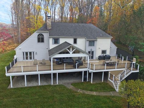 Custom Azek Deck / Barnwood Porch / Techo-Bloc Patio - Newtown Square, PA | Sq Ft | Keystone Custom Decks Azek Decking, Decking Ideas, Patio Deck Designs, Deck Porch, Custom Decks, Deck Ideas, Rain Or Shine, Deck Design, Back Patio