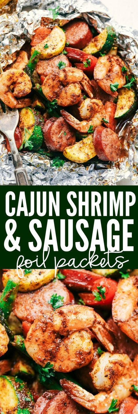 Cajun Shrimp and Sausage Foil Packets are loaded with shrimp, sausage, summer vegetables and tossed in cajun spices.  These are quick and easy and packed with big flavor! Cajun Shrimp And Sausage, Foil Wraps, Cajun Shrimp Recipes, Shrimp And Sausage, Cajun Sausage, Foil Dinners, Foil Pack Meals, Shrimp Sausage, Easy Foods