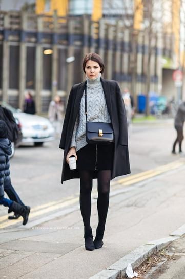 30 ways to style a black coat - sheer tights, a mini skirt, and a gray turtleneck sweater Sweater Skirt Outfit, Simple Winter Outfits, Tights Outfits, Winter Tights, Turtleneck Outfit, Walking Down The Street, Stylish Fall Outfits, Winter Styles, Stil Inspiration