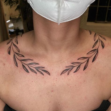 Greek Leaf Tattoo Neck, Collar Bone Tattoo Men Ideas, Leaf Tattoo Collar Bone, Greek Leaves Tattoo Neck, Leaves Chest Tattoo, Laurel Wreath Tattoo Men, Laurel Tattoo Men, Colar Bone Tattoo Men, Leaf Neck Tattoo