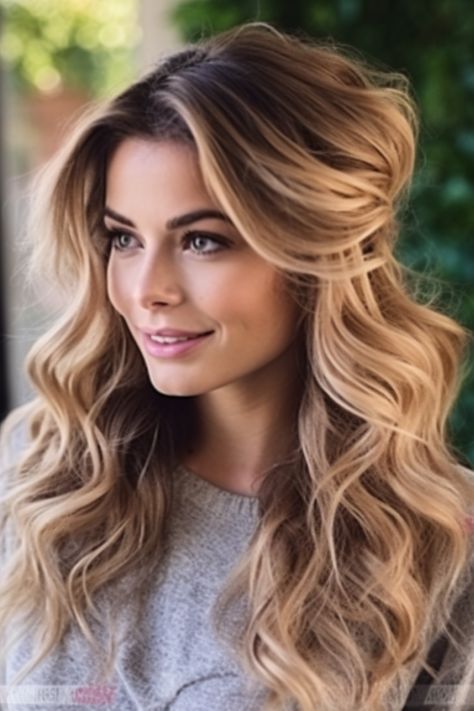 This half-up, half-down hairstyle with loose waves is perfect for those wanting an easy hairstyle for long hair. Use a curling iron to add loose curls to the lower half of your hair. Click here to check out more easy hairstyles for long hair that look fab. Long Waves Hairstyle, Long Hair Loose Curls, Long Loose Waves, Using A Curling Iron, Guest Hairstyles, Chic Ponytail, Hairstyle For Long Hair, Barrel Curls, Hair Dress