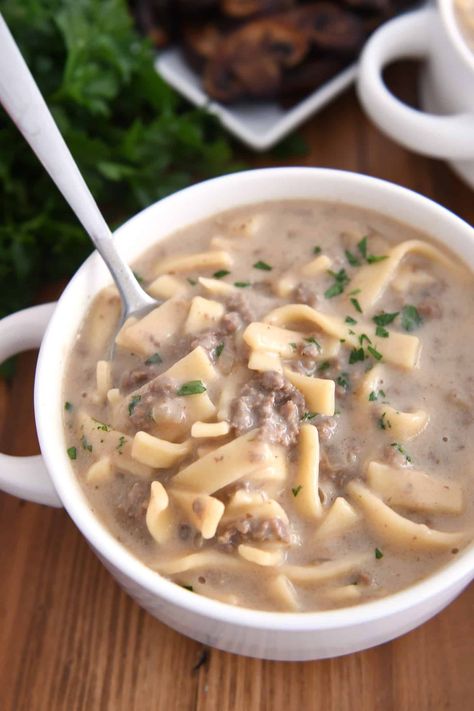 Easy Beef Stroganoff Soup Crustless Pumpkin Pie Cupcakes, Beef Stroganoff Soup, Stroganoff Soup, Ground Beef Soup, Easy Beef Stroganoff, Caramel Apples Homemade, Beef Stroganoff Easy, Homemade Egg Noodles, Soup With Ground Beef