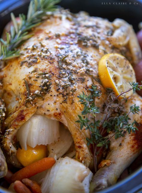 Super easy and so delicious- slow cooker whole chicken with garlic and herbs, potatoes and carrots. The perfect crockpot meal that is our family loves for dinner! It also makes great leftovers. Crockpot Whole Chicken Recipes, Slow Cooker Whole Chicken, Rosemary Chicken Recipe, Slow Cooker Beans, Chicken With Garlic, Lemon Rosemary Chicken, Crockpot Meal, Whole Chicken Recipes, Recipes Oven