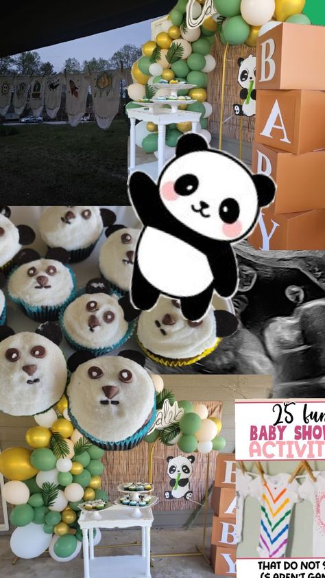 Different pictures for a Panda themed baby shower. Cupcake decorated with Panda faces. Different tones of green and golden balloon arc. Cloth backdrop that looks like wood. Four brown boxes with white  letters spelling baby. Baby onisies painted by the guess. Themed Baby Shower Ideas, Panda Baby, Baby Shower Decoration, Cool Baby Stuff, Shower Decorations, Baby Shower Decorations, Shower Ideas, Baby Shower, Shower