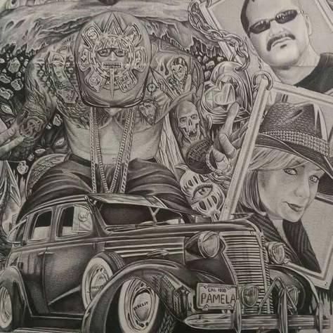 Lowrider art Tattoo Chicano Style, Arte Trash Polka, Gangster Art, Angel Devil Tattoo, Aztec Drawing, Houston Tattoos, Gangster Tattoo, Chicana Art, Behind Ear Tattoos