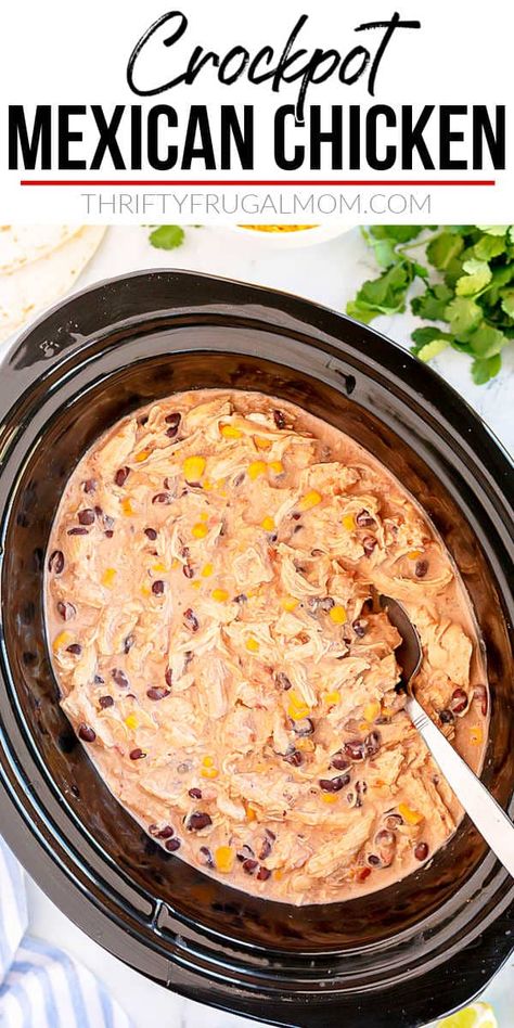 Short on time? This easy crockpot chicken recipe is one of the simplest recipes you'll ever make! Plus it's also delicious, filling and inexpensive. No wonder it's a favorite! via @FrugalMomL Tortilla Filling, Fiesta Chicken Crockpot, Crockpot Mexican Chicken, Crockpot Mexican, Cream Cheese Corn, Magical Slow Cooker, Beans In Crockpot, Fiesta Chicken, Chicken Crockpot Recipes Easy