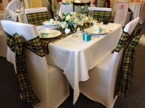 Cornish national tartan wedding table Tartan Chair, Tartan Wedding, Wedding Venue Decorations, Chair Sashes, Celtic Style, Diy Resin Art, Resin Diy, Wedding Trends, Cornwall