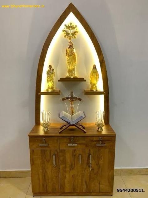 Catholic Home Altar Ideas Living Rooms, Christian Room Decor, Home Altar Catholic, Kitchen Wardrobe Design, Altar Design, Church Interior Design, Tv Unit Furniture Design, Small Space Interior Design, Temple Design For Home