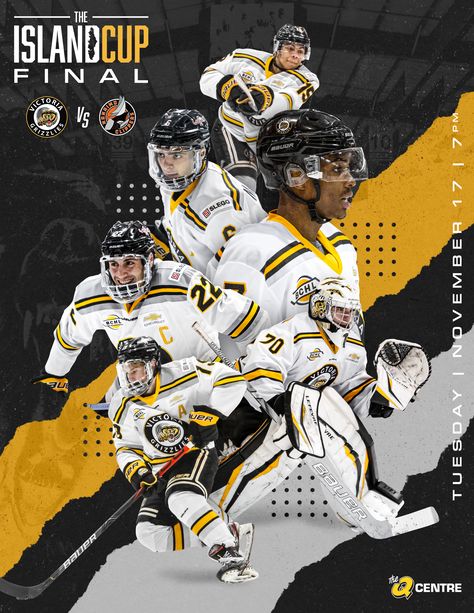 I made ths poster working for the Victoria Grizzlies. I really wanted to make it a powerful impactful graphic design sports poster. Nhl Graphic Design, Hockey Gameday Graphics, Vs Design Poster, Hockey Graphic Design, Hockey Graphics, Graphic Design Sports, Athletic Posters, Gameday Graphics, Hockey Camp