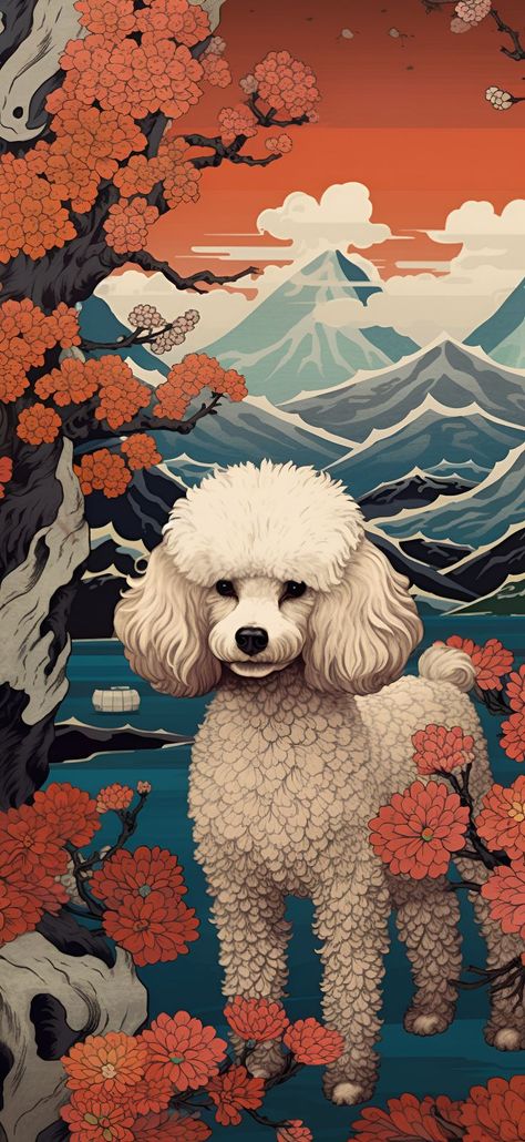 A calming image of a Poodle in traditional Ukiyo-E style, with majestic mountains as the backdrop, designed for aesthetic wallpaper on phones. Poodle Wallpaper, Mountain Aesthetic Wallpaper, Poodle Drawing, Mountains Aesthetic, Aesthetic Wallpaper Iphone, Wallpaper Android, Majestic Mountains, Ukiyo E, Japanese Woodblock Printing