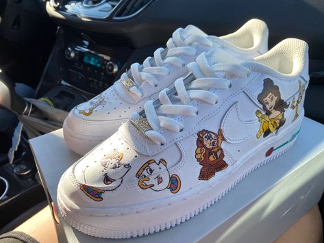 Nike Air Force 1 Custom Disney, Air Force 1 Beauty And The Beast, Beauty And The Beast Custom Shoes, Beauty And The Beast Quinceanera Shoes, Quinceanera Painting, Beauty And The Beast Shoes, Sneakers Painting, Sweet 16 Shoes, Disney Painted Shoes