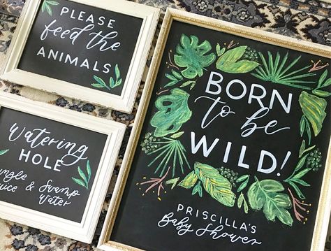 Some fun jungle baby shower signs this week 🖤 #lettersanddust #customsigns #weddingsigns #partysigns #babyshower #chalkboard #chalkart… Baby Chalkboard Signs, Chalkboard Art Wedding, Jungle Drawing, Baby Shower Chalkboard, Chalk Sign, Baby Shower Corsage, Jungle Baby Shower Theme, Jungle Baby, Jungle Birthday