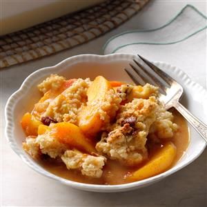 Lime & Spice Peach Cobbler Recipe -This was my grandmother’s favorite recipe to make when they had bushels of peaches. Now I love to bake it whenever I can for my family and friends. —Mary Ann Dell of Phoenixville, Pennsylvania Spiced Peaches, Grandma's Recipes, Peach Desserts, Dessert Aux Fruits, Peach Cobbler Recipe, Homemade Apple Pies, Holiday Foods, Grandmas Recipes, Cobbler Recipes