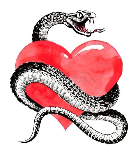 Heart and snake. Ink and watercolor illustration of a poisonous snake around red #Sponsored , #AFFILIATE, #affiliate, #snake, #poisonous, #red, #Ink Snake Wrapped Around Heart, Heart Meaning, Tattoo Chart, Snake Heart, Snake Illustration, Art Shed, Snake Drawing, Graffiti Text, Snake Art