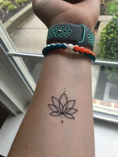 Lotus Flower Tattoo With Semi Colon, Lotus Flower Side Tattoo, Lotus Flower And Semicolon Tattoo, Lotus And Semicolon Tattoo, Small Lotus Tattoos For Women, Semi Colon Tattoo Flower, Mini Lotus Tattoo, Flower And Semicolon Tattoo, Small Semicolon Tattoo