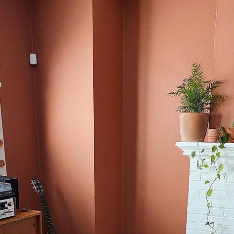 Katie Lynn Howell on Instagram: "Lots of questions about this fun wall color so I thought I would leave it here. It’s called “Glazed Pot” by Behr. It was a wild leap for me to choose to paint walls this color, but I am beyond pleased!" Behr Glazed Pot, Behr Azalea Leaf, Sculptors Clay Behr, Vine Leaf Behr Paint Color Palette, Vine Leaf Behr Paint Bedroom, Behr Fireplace Glow, Katie Lynn, Paint Walls, Colorful Leaves