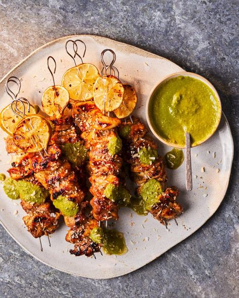 Tamarind chicken skewers with coriander chutney Tamarind Chicken, Chutney Chicken, Coriander Chutney, 2024 Recipes, Seasonal Cooking, Tamarind Chutney, Skewer Recipes, Delicious Magazine, Midweek Meals