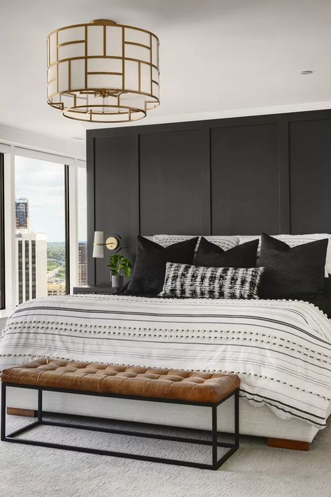 Bed With Ledge Behind, Bedroom Inspirations Black Accents, Full Curtain Wall Bedroom, Bedroom Elevation, Bedroom Goth, Bedroom Y2k, Angled Bedroom, Wall Elevation, Bedroom Nature