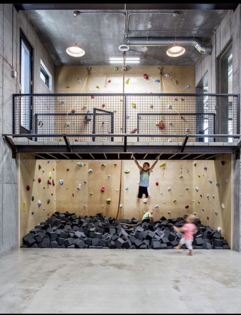 Indoor Foam Playground, Home Gym With Rock Wall, Indoor Home Rock Climbing Wall, Home Bouldering Gym, Home Rock Wall Indoor Climbing, At Home Jungle Gym, Rock Climbing Gym Design, Basement Foam Pit, Indoor Foam Pit