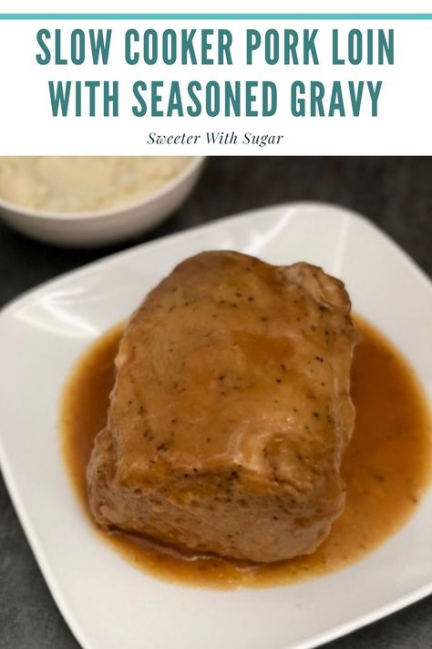 Slow Cooker Pork Loin With Seasoned Gravy is a simple comfort food dinner recipe. The seasonings mixed with the gravy make this pork flavorful and delicious. #Pork #SlowCooker #Gravy #Crockpot #LeftoverDinnerIdeas #DinnerRecipes #ThanksgivingLeftovers Pork Loin Recipes Slow Cooker, Oven Roasted Pork Loin, Loin Recipes, Slow Cooker Pork Loin, Crockpot Pork Loin, Pork Loin Recipes, Stove Top Recipes, Recipes Beef, How To Cook Pork