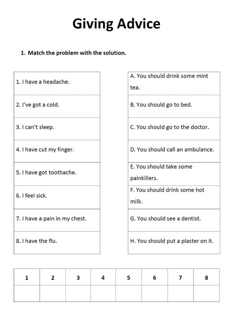 Health interactive worksheet for A1. You can do the exercises online or download the worksheet as pdf. Giving Advice Worksheet, Daily Routine Worksheet, English Language Activities, Matter Lessons, Teaching Vowels, Health Worksheets, English Conversation Learning, Modal Verbs, Giving Advice