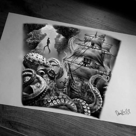 Nautical Sleeve Tattoo Mens, Nautical Themed Tattoos, Sunken Ship Tattoo, Nautical Sleeve, Anchor Drawings, Sunken Ship, Tattoo Designer, Octopus Tattoo Design, Shark Tattoo