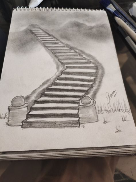 Drawing with pencil stairs to heaven Staircase Design Sketch, How To Draw Stairs Perspective, Staircase Drawing Easy, How To Draw Stairs Step By Step, Stairs To Heaven Drawing, Cool Things To Sketch Creative, Staircase To Heaven Drawing, Two Paths Drawing, Heaven Drawing Easy