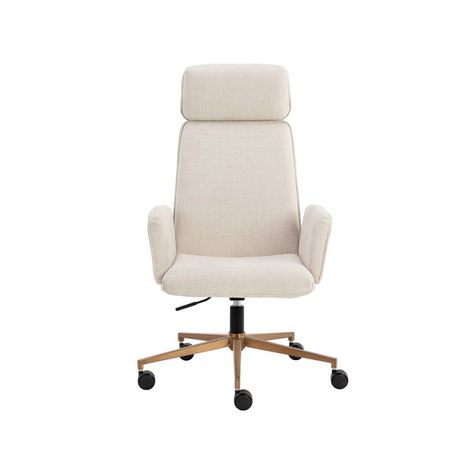 A classic silhouette and subtle curves make the Kalev Office Chair perfect for any workspace. Upholstered in chcha cream fabric with plush comfortable seating. Contrasting gold accents behind the arms and headrest match the sleek stainless steel base for added style. Cream Office Chair, Best Office Chair, Modern Office Chair, Cream Fabric, Office Environment, Task Chair, Comfortable Chair, Modern Office, Dresser As Nightstand