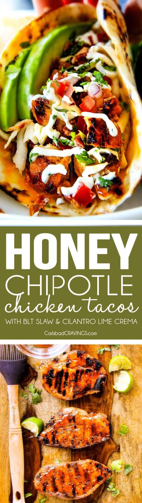 Honey Chipotle Chicken Tacos, Chipotle Chicken Tacos, Cilantro Lime Crema, Honey Chipotle Chicken, Lime Crema, Honey Chipotle, Bacon Chicken, Chicken Taco Recipes, Diy Easy Recipes