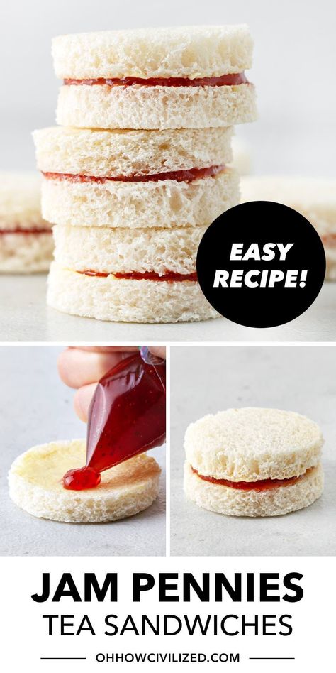 Recreate Queen Elizabeth’s favorite jam penny tea sandwiches using this easy 3-ingredient recipe! The crustless sandwiches are perfectly dainty and sweet. #jampennies #teasandwiches #afternoontea #fingersandwiches #appetizers Crustless Sandwiches, High Tea Sandwiches, Easy Jam, Tea Sandwiches Recipes, Afternoon Tea Recipes, Tea Snacks, English Breakfast Tea, Sandwich Fillings, Finger Sandwiches