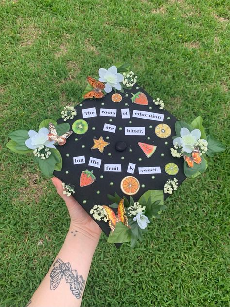 Cute Graduation Caps Unique, First Gen College Grad Cap, Clever Graduation Caps, Nutrition Graduation Cap Ideas, Indie Graduation Cap, Grad Caps 2023, Dietitian Graduation Cap, Cute Grad Cap Designs, Fun Graduation Caps