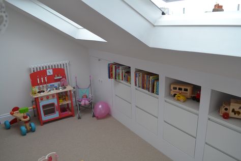 Slanted Walls Playroom, Attic Nursery Sloped Ceiling, Attic Kids Room, Attic Bedroom Kids, Kids Attic Bedrooms, Attic Bedroom Ideas Angled Ceilings, Bedroom Attic Ideas, Loft Playroom, Loft Conversion Bedroom