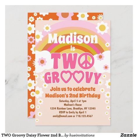 Two Groovy Invitation, 2 Groovy, Groovy Daisy, Groovy Party, Two Groovy, Flower Birthday Party, International Day Of Peace, Flower Birthday, 2nd Birthday Invitations