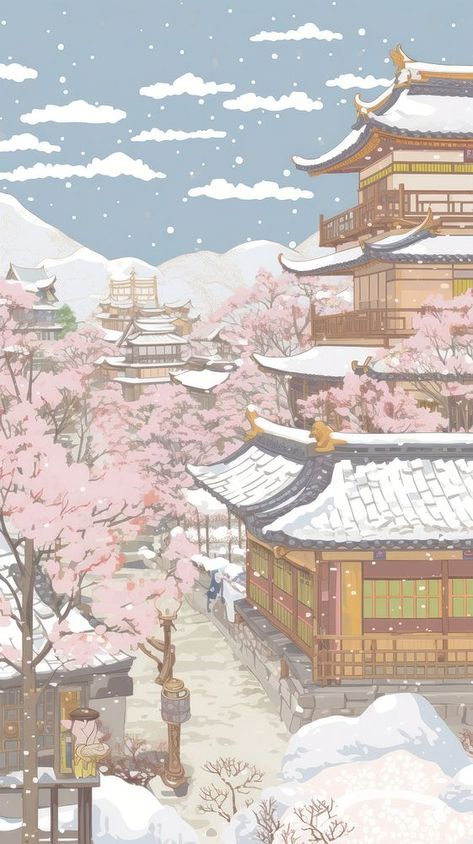 Japan anime winter village blossom flower person. | free image by rawpixel.com / Teddy Cherry Iphone Wallpaper, Aesthetic Anime Scenery Wallpaper, Iphone Wallpaper Japan, Flower Person, Japan Wallpaper, Anime Winter, Iphone Wallpaper Iphone, Japan Winter, Cherry Blossom Wallpaper