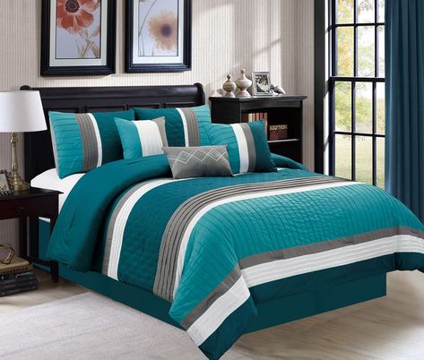 7 Piece Ebrill Teal/Gray Comforter Set Teal Bedding Sets, Ivory Bedding, Luxury Comforter Sets, Beige Comforter, Bedroom Comforter Sets, Teal Bedding, Grey Comforter Sets, Luxury Embroidery, Black Bed