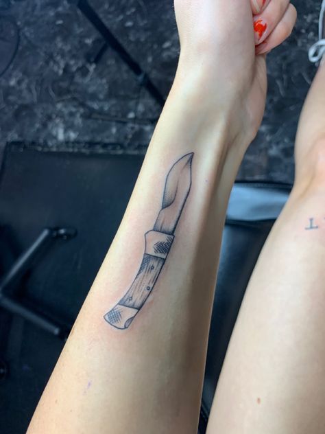 Talon Of The Hawk Tattoo, Mushroom Knife Tattoo, Forearm Knife Tattoo, Midwest Emo Tattoo, Tfb Tattoos, The Front Bottoms Tattoo, Pocket Knife Tattoo, Switch Blade Tattoo, Talon Of The Hawk