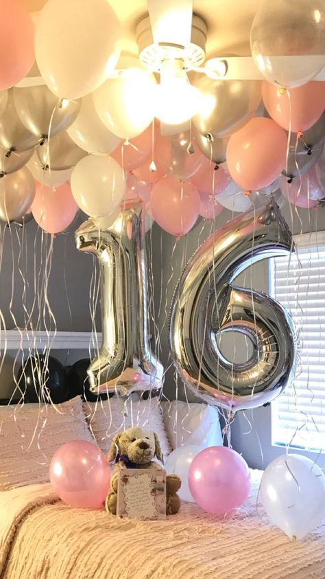 16thbirthday Party Ideas, Happy Birthday 16 Girl, Pink And White Birthday Party, 16 Birthday Decorations, Sweet 16th Birthday, Surprise Birthday Decorations, Sweet Sixteen Birthday Party Ideas, 17th Birthday Ideas, 16th Birthday Decorations