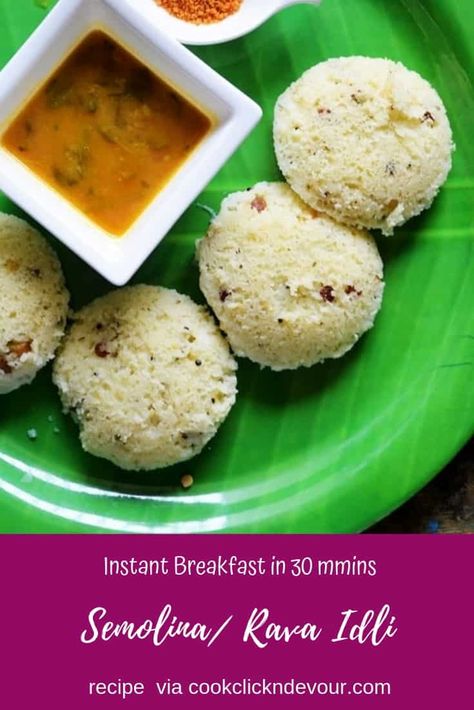 Rava idli recipe- Quick and easy to make instant idli with rava or suji. This Mtr style rava idli is the popular south Indian breakfast from Karnataka cuisine. It tastes especially nice with coriander chutney or tomato chutney. Recipe via cookclickndevour.com #ravaidli #idlirecipe #breakfast #cookclickndevour Karnataka Cuisine, Rava Idli Recipe, Rava Idli, Tomato Chutney Recipe, Coriander Chutney, South Indian Breakfast, Healthy Breakfast Recipe, Idli Recipe, Traditional Breakfast